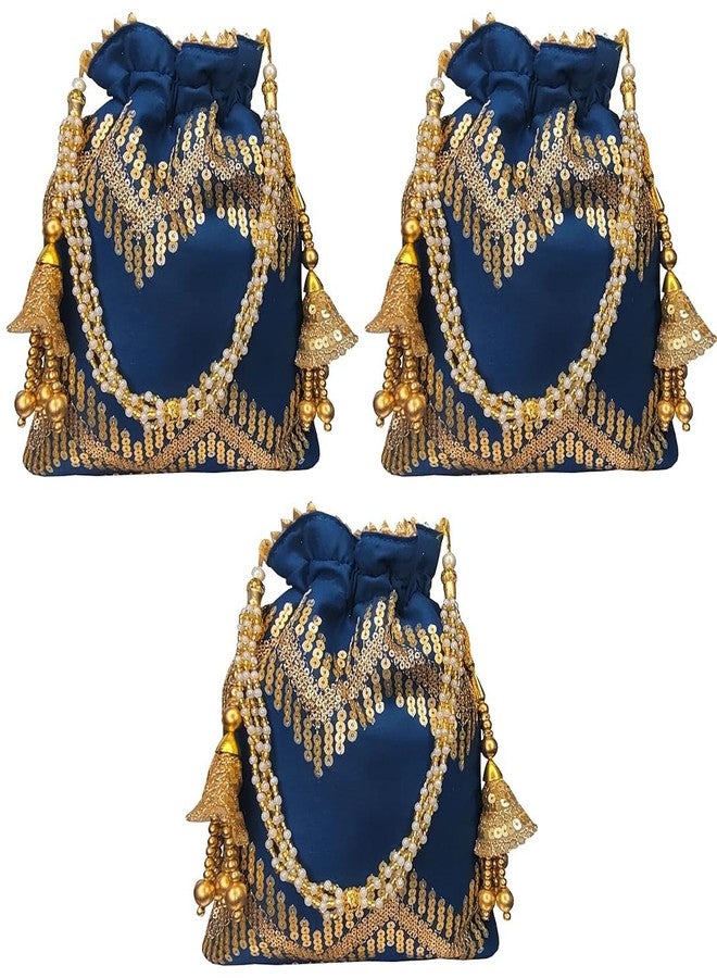 DUCHESS Women Blue sequin Potli Bag (Pack of 3)